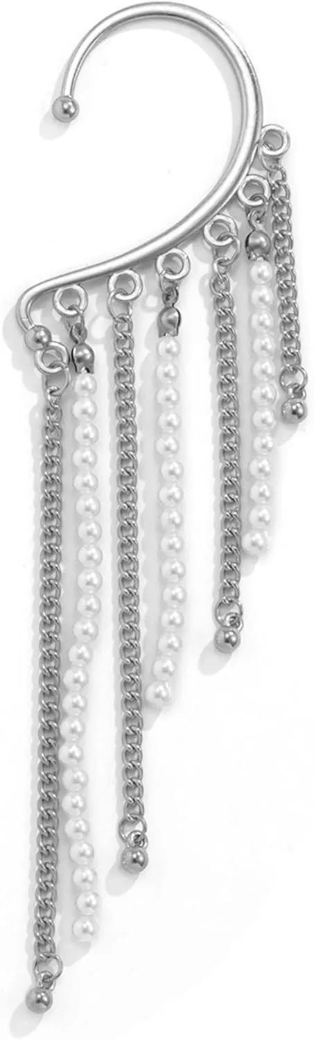 Silver Shaped Pearl Tassel Elf Ear Cuff Single Left Handmade Non Piercing Earring for Women