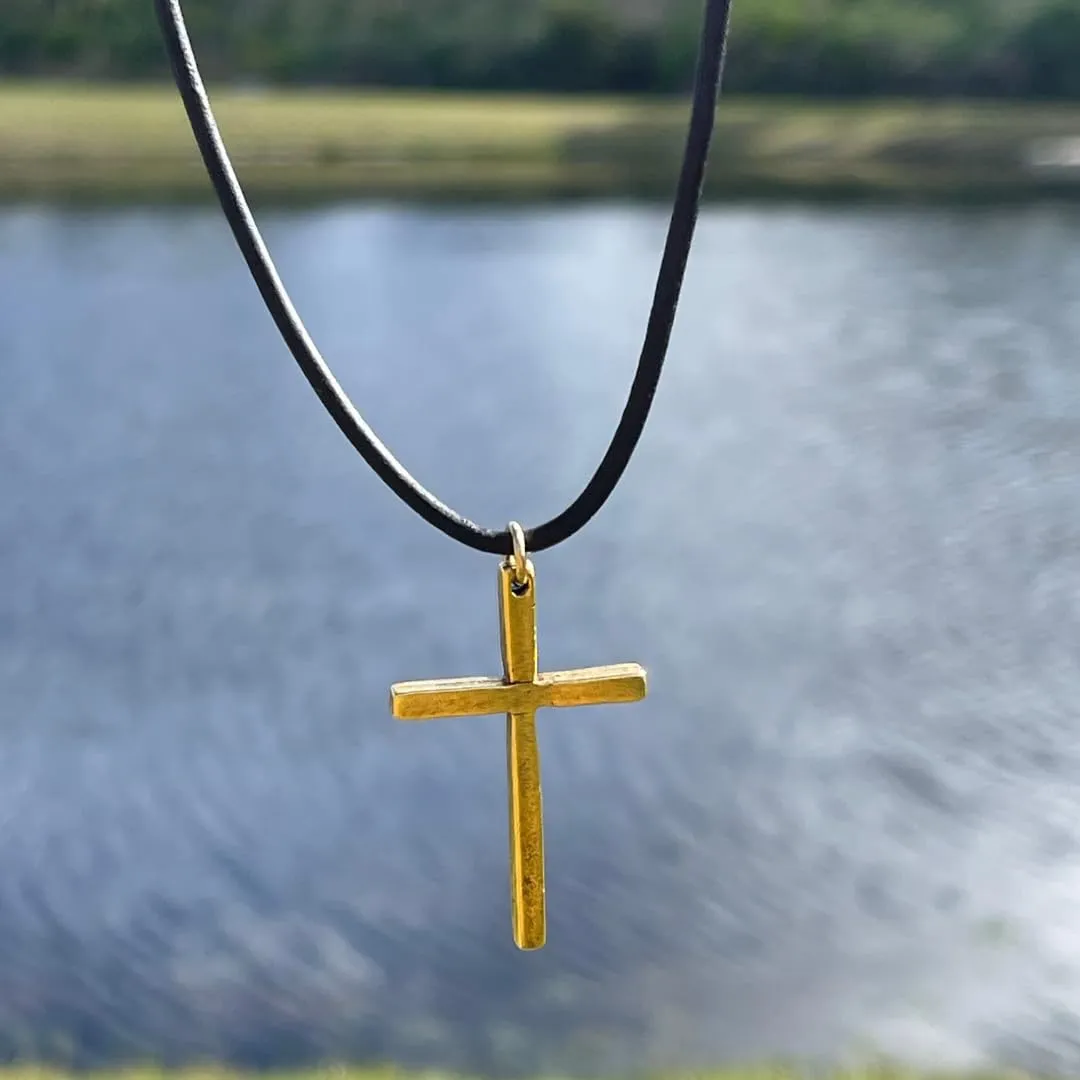 Silver Thin Simple Cross Necklace - Catholic Men Jewelry, Women Religious Gifts, Faith and Believes, Mens Crosses, Father Day, Baptism Ceremony, Christian Accessories (Gold, Black Leather)