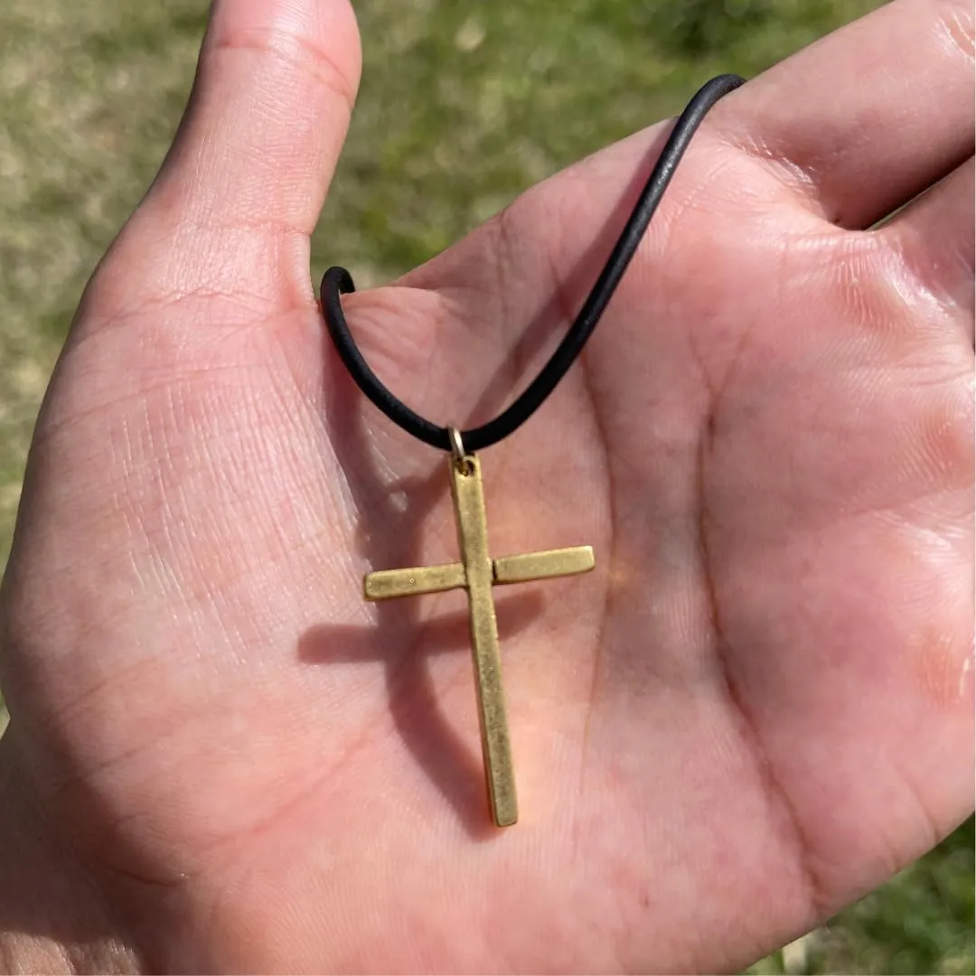 Silver Thin Simple Cross Necklace - Catholic Men Jewelry, Women Religious Gifts, Faith and Believes, Mens Crosses, Father Day, Baptism Ceremony, Christian Accessories (Gold, Black Leather)