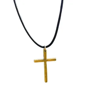 Silver Thin Simple Cross Necklace - Catholic Men Jewelry, Women Religious Gifts, Faith and Believes, Mens Crosses, Father Day, Baptism Ceremony, Christian Accessories (Gold, Black Leather)