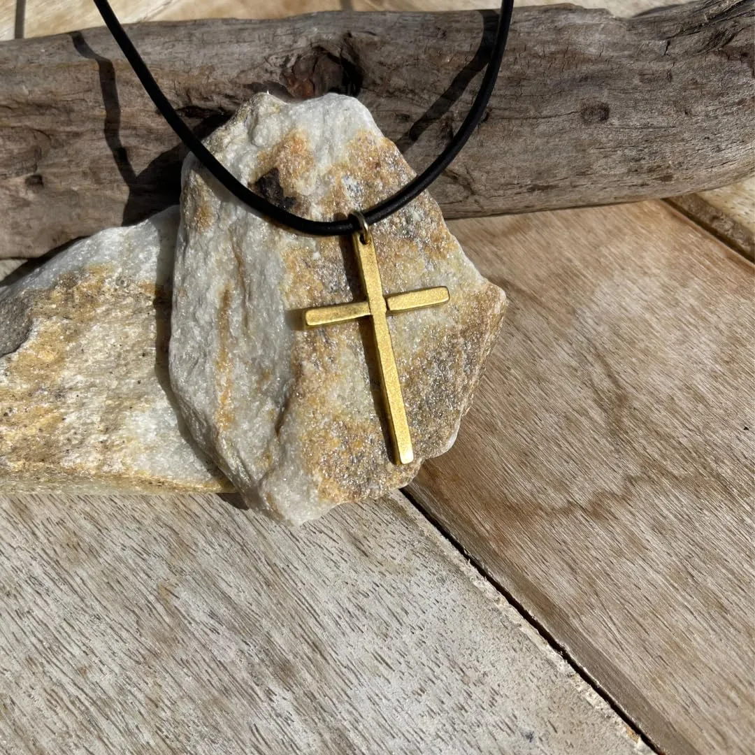 Silver Thin Simple Cross Necklace - Catholic Men Jewelry, Women Religious Gifts, Faith and Believes, Mens Crosses, Father Day, Baptism Ceremony, Christian Accessories (Gold, Black Leather)