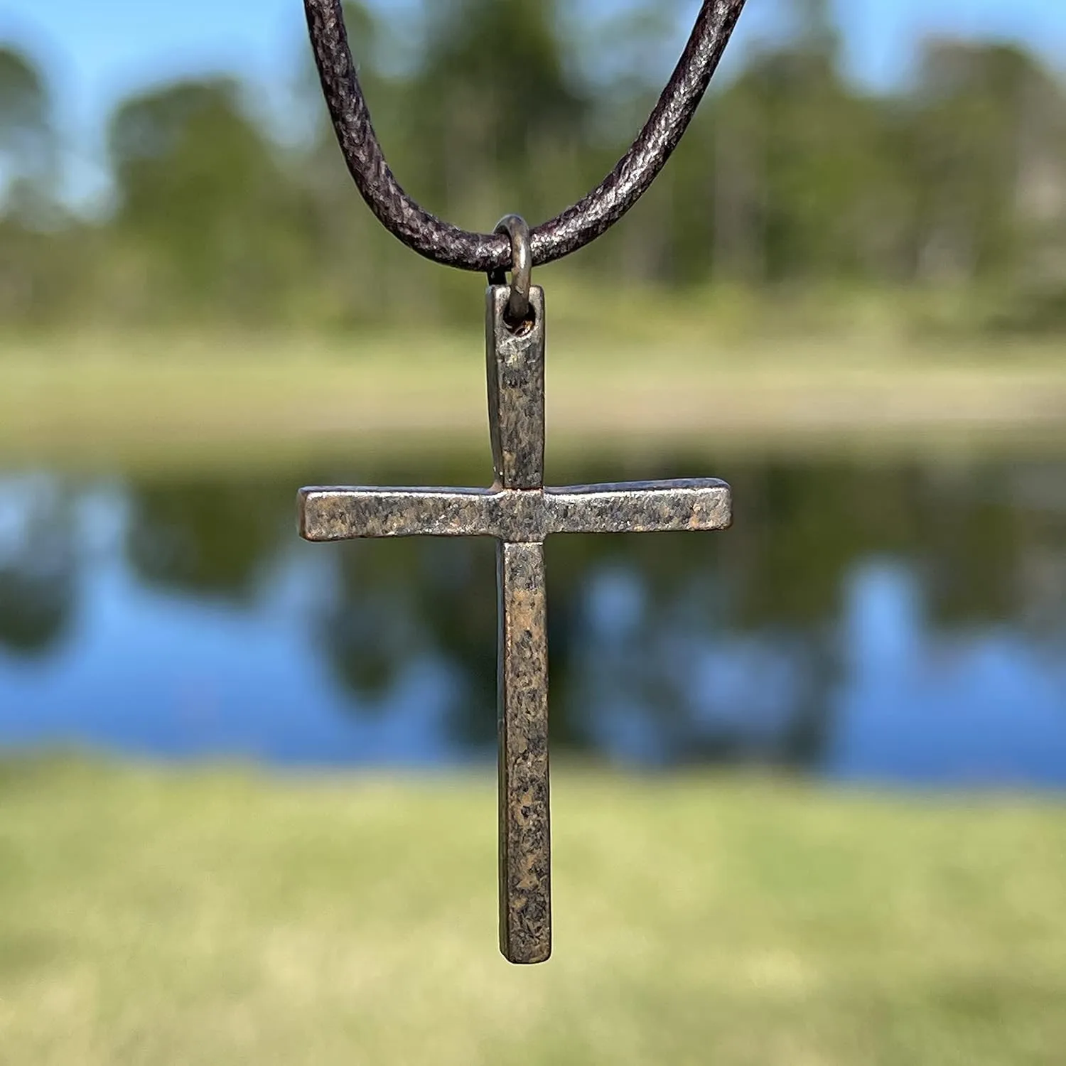 Silver Thin Simple Cross Necklace - Catholic Men Jewelry, Women Religious Gifts, Faith and Believes, Mens Crosses, Father Day, Baptism Ceremony, Christian Accessories (Rustic Brown)