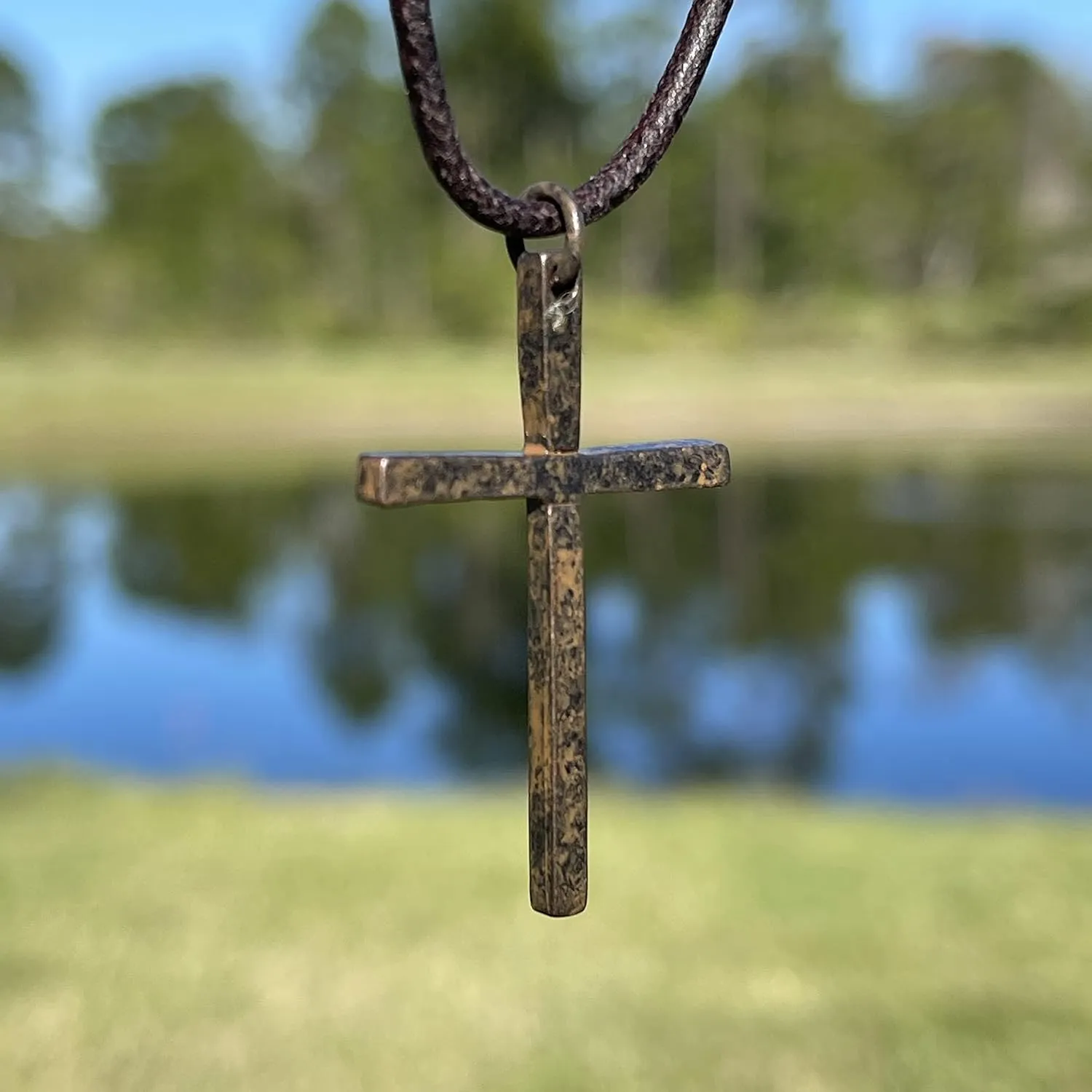 Silver Thin Simple Cross Necklace - Catholic Men Jewelry, Women Religious Gifts, Faith and Believes, Mens Crosses, Father Day, Baptism Ceremony, Christian Accessories (Rustic Brown)