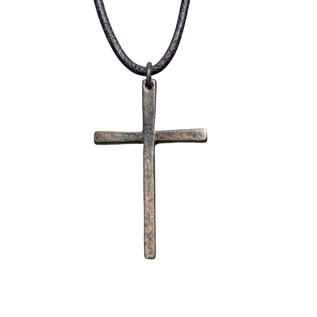 Silver Thin Simple Cross Necklace - Catholic Men Jewelry, Women Religious Gifts, Faith and Believes, Mens Crosses, Father Day, Baptism Ceremony, Christian Accessories (Rustic Brown)