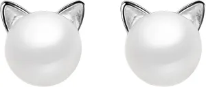 Simple Little Cat Earrings, Hypoallergenic Cute Small Pearl Stud Earrings for Women, Silver Jewelry