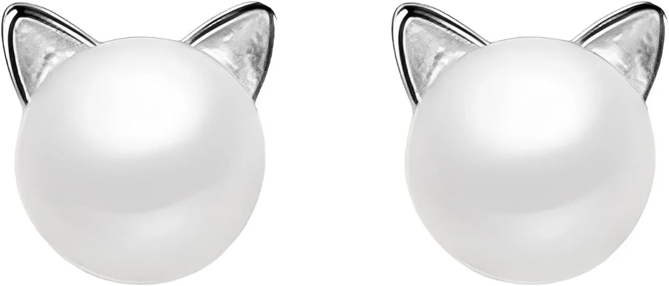 Simple Little Cat Earrings, Hypoallergenic Cute Small Pearl Stud Earrings for Women, Silver Jewelry
