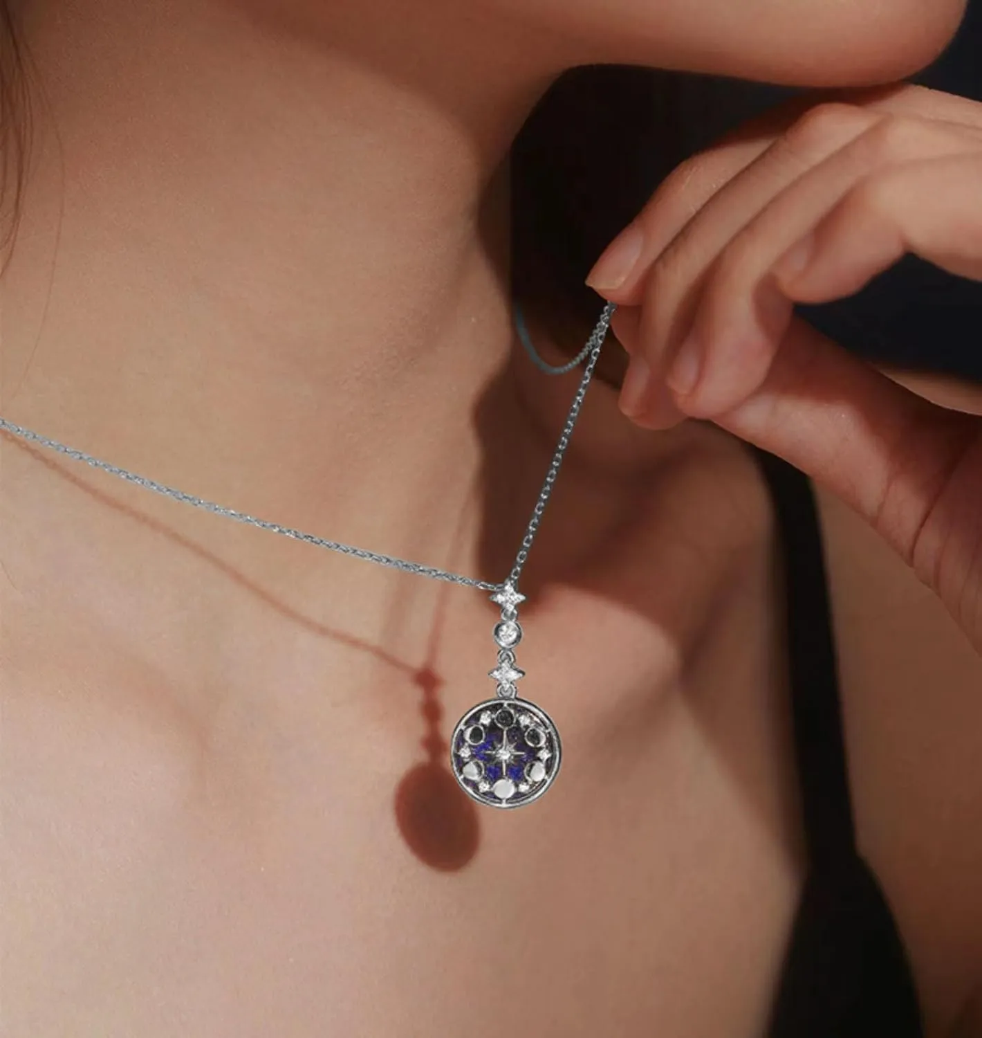 SLOONG 925 Sterling Silver Blue Sandstone Moon Star Phase Necklace Earrings 18K Gold Plated Necklace Birthday Gift for Women Girlfriend