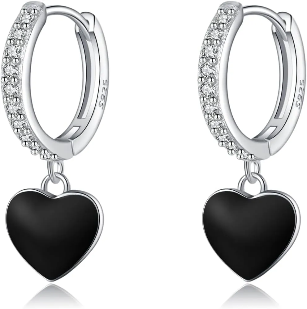 SLUYNZ Sterling Silver CZ Black Heart Hoop Earrings for Women Teens Small Love Huggie Hoop Earrings Drop Valentines Day Earrings