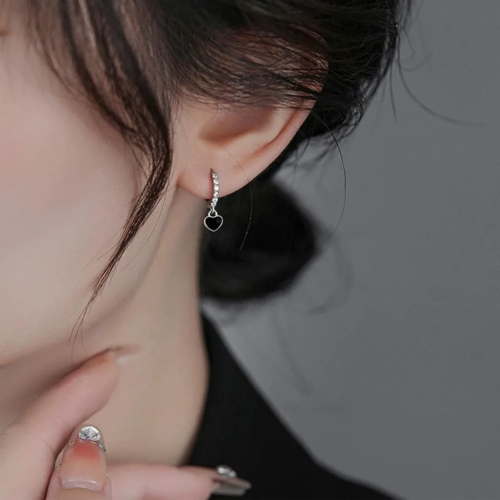 SLUYNZ Sterling Silver CZ Black Heart Hoop Earrings for Women Teens Small Love Huggie Hoop Earrings Drop Valentines Day Earrings