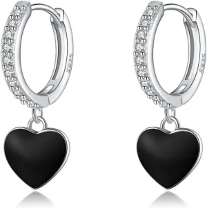 SLUYNZ Sterling Silver CZ Black Heart Hoop Earrings for Women Teens Small Love Huggie Hoop Earrings Drop Valentines Day Earrings