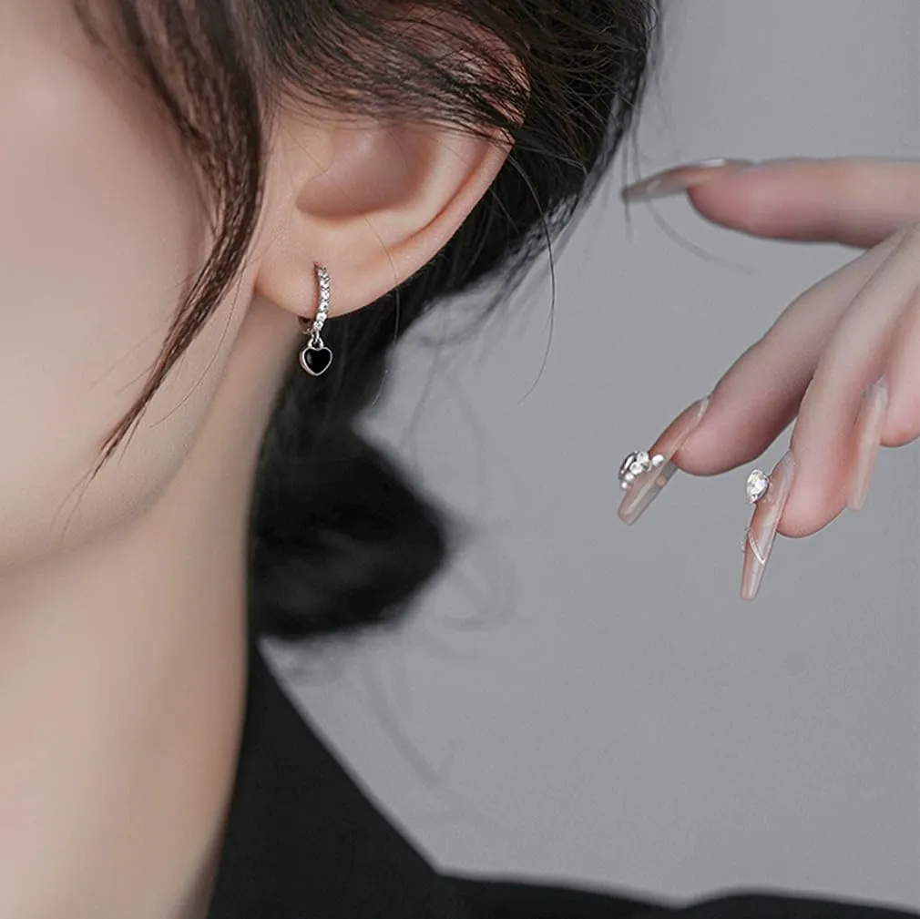 SLUYNZ Sterling Silver CZ Black Heart Hoop Earrings for Women Teens Small Love Huggie Hoop Earrings Drop Valentines Day Earrings