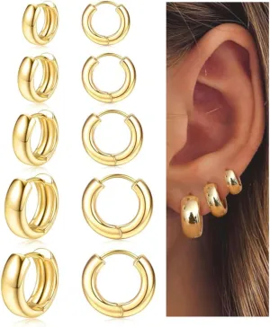 Small Chunky Gold Hoop Earrings for Women Trendy - 14k Gold Plated Earrings Set Hypoallergenic Earrings for Sensitive Ears Thick Hoops Huggie Earring Stacks Dainty Silver Jewelry