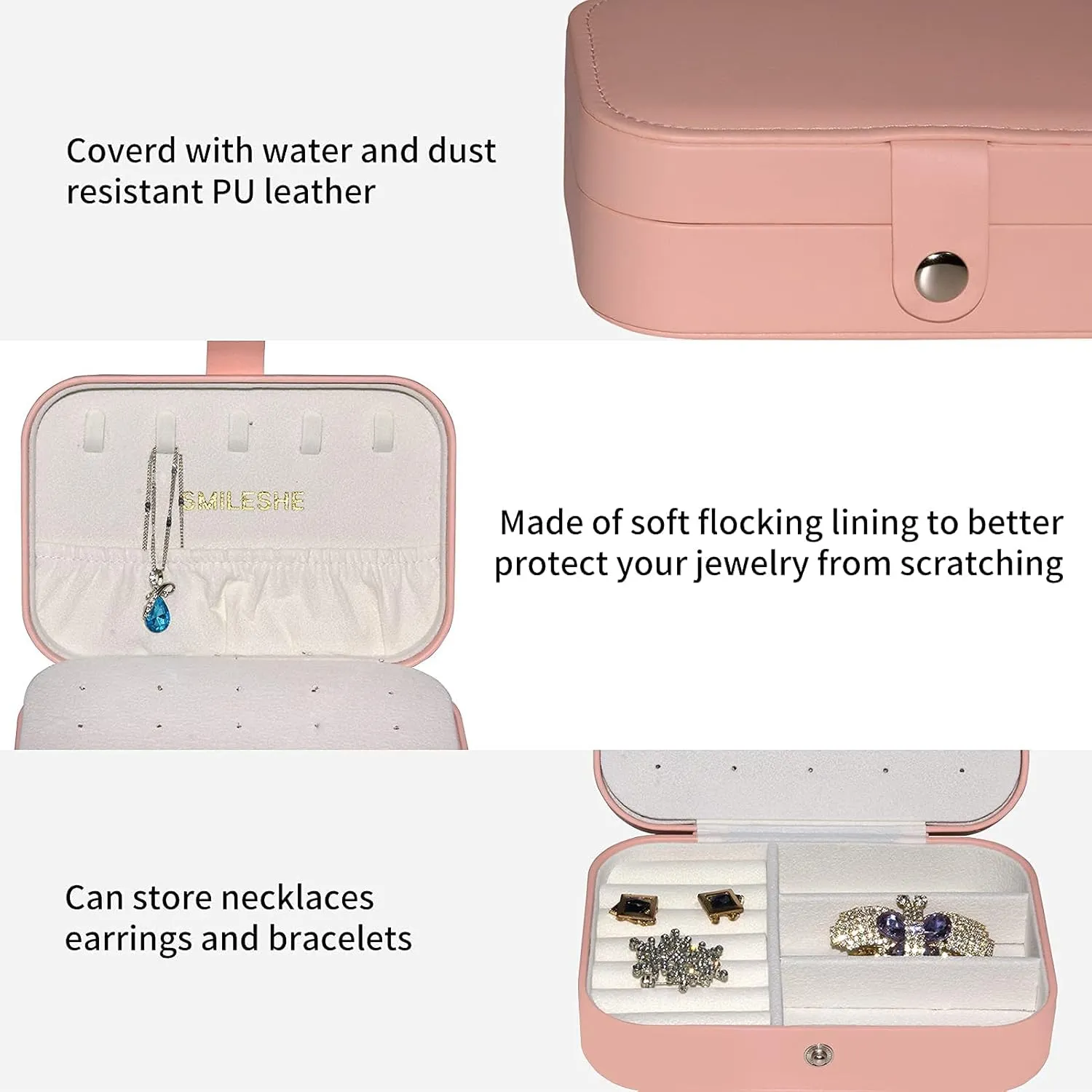 Smileshe Jewelry Box, PU Leather Small Portable Travel Case, 2 Layers Organizer Display Storage Holder Box for Rings, Earrings, Necklaces, Bracelets
