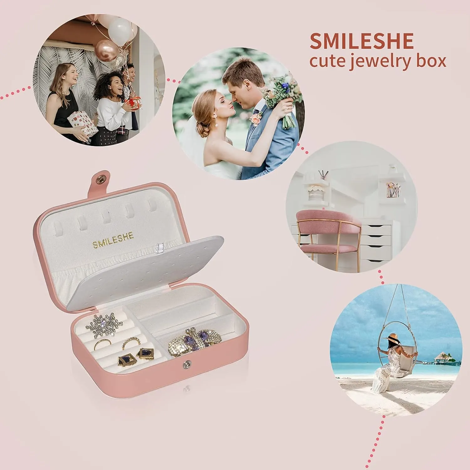 Smileshe Jewelry Box, PU Leather Small Portable Travel Case, 2 Layers Organizer Display Storage Holder Box for Rings, Earrings, Necklaces, Bracelets