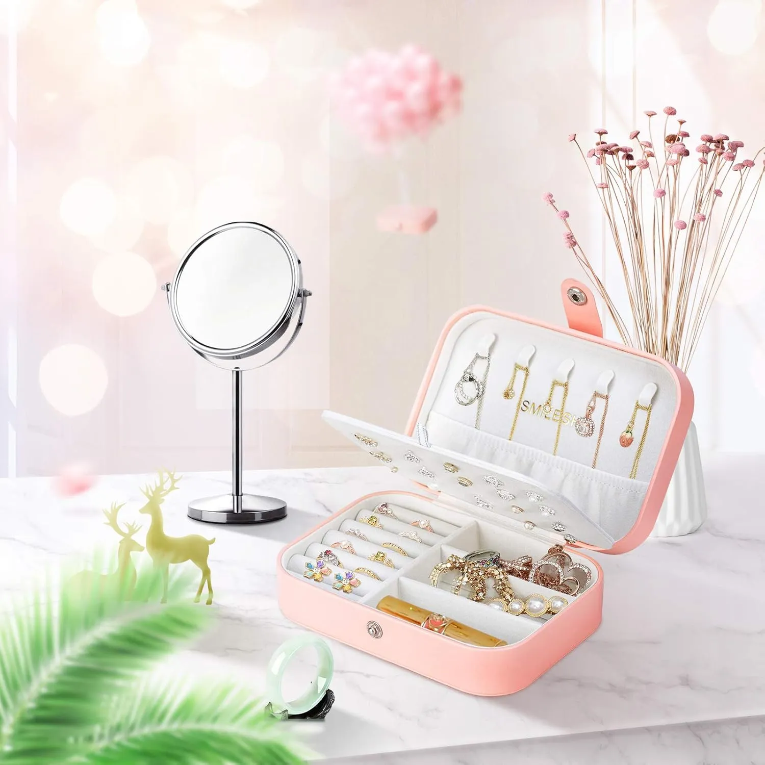 Smileshe Jewelry Box, PU Leather Small Portable Travel Case, 2 Layers Organizer Display Storage Holder Box for Rings, Earrings, Necklaces, Bracelets