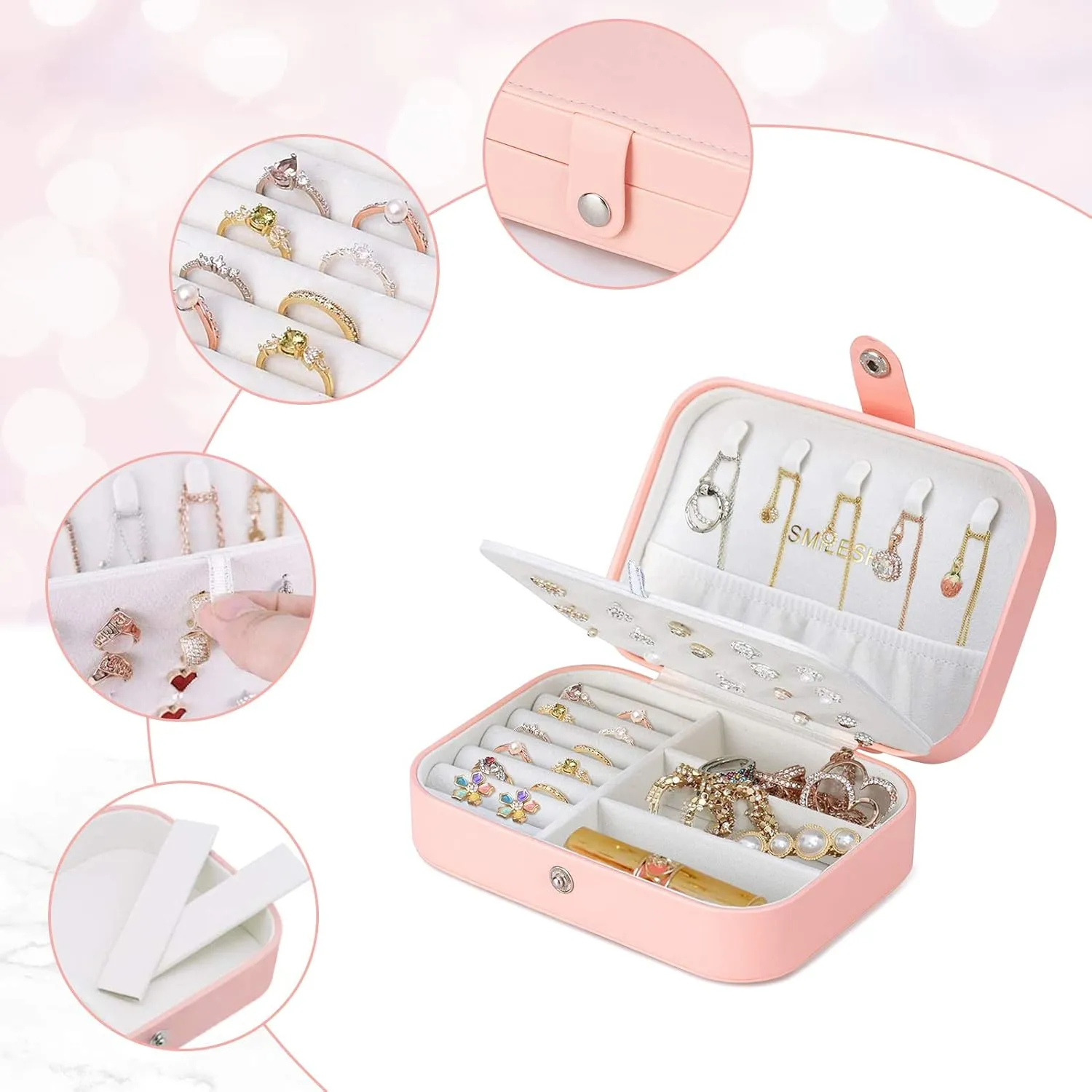 Smileshe Jewelry Box, PU Leather Small Portable Travel Case, 2 Layers Organizer Display Storage Holder Box for Rings, Earrings, Necklaces, Bracelets