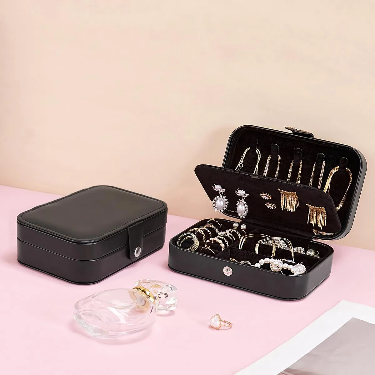 Smileshe Travel Jewelry Box, PU Leather Small Gift Portable Case, 2 Layers Organizer Display Storage Boxes for Rings, Earrings, Necklaces, Bracelets