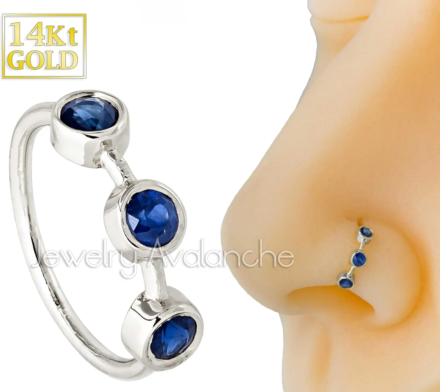 Solid 14K Gold Nose Hoop 20G Nose Ring Bezel Set 3-Stone Blue Sapphire Nose Hoop - Ear Cartilage Ring - September BirthStone Nose Ring