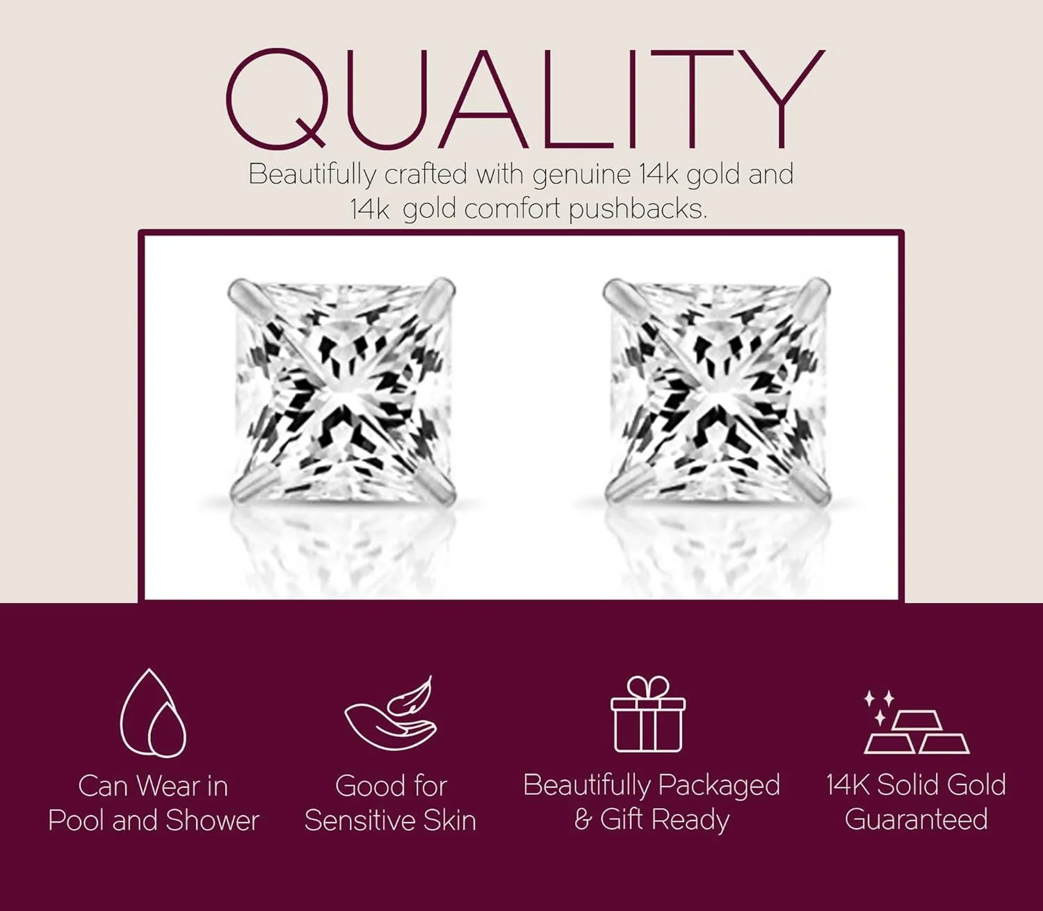 Solid 14k White Gold Solitaire Square Princess-cut CZ Stud Earrings with Screw-back