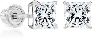 Solid 14k White Gold Solitaire Square Princess-cut CZ Stud Earrings with Screw-back