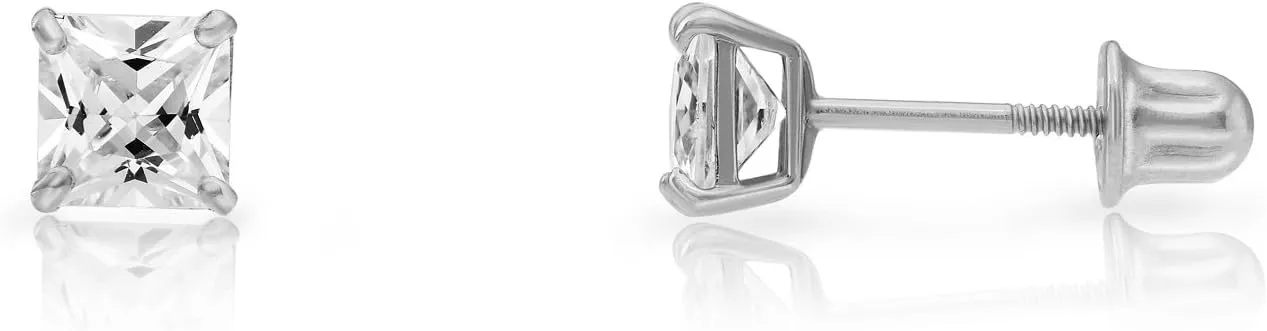 Solid 14k White Gold Solitaire Square Princess-cut CZ Stud Earrings with Screw-back