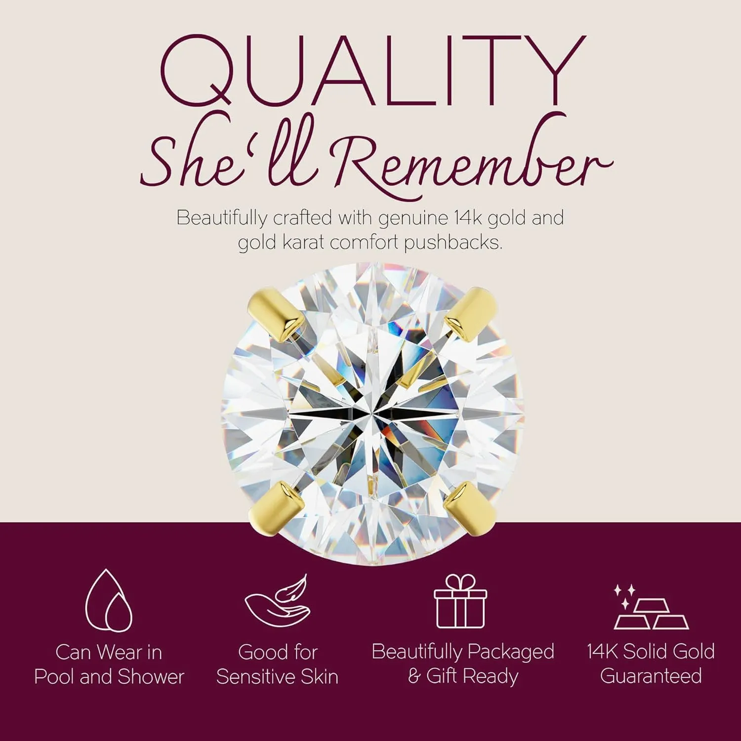 Solid 14k Yellow Gold Solitaire Round Cubic Zirconia CZ Stud Earrings with 14k Gold Butterfly Push Backings