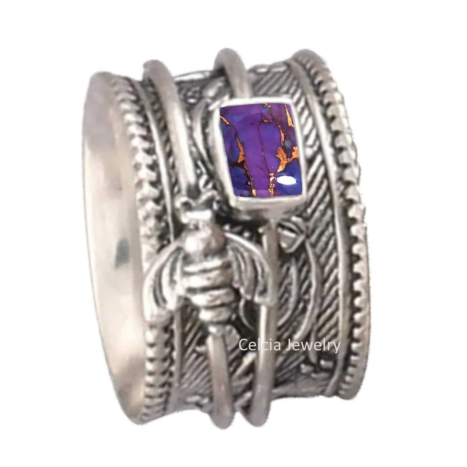 Solid 925 Sterling Silver Honey Bee Spinner Meditation Ring, Natural Purple Copper Turquoise Gemstone Ring, Unique Handcrafted Ring for Women/Men
