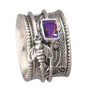Solid 925 Sterling Silver Honey Bee Spinner Meditation Ring, Natural Purple Copper Turquoise Gemstone Ring, Unique Handcrafted Ring for Women/Men