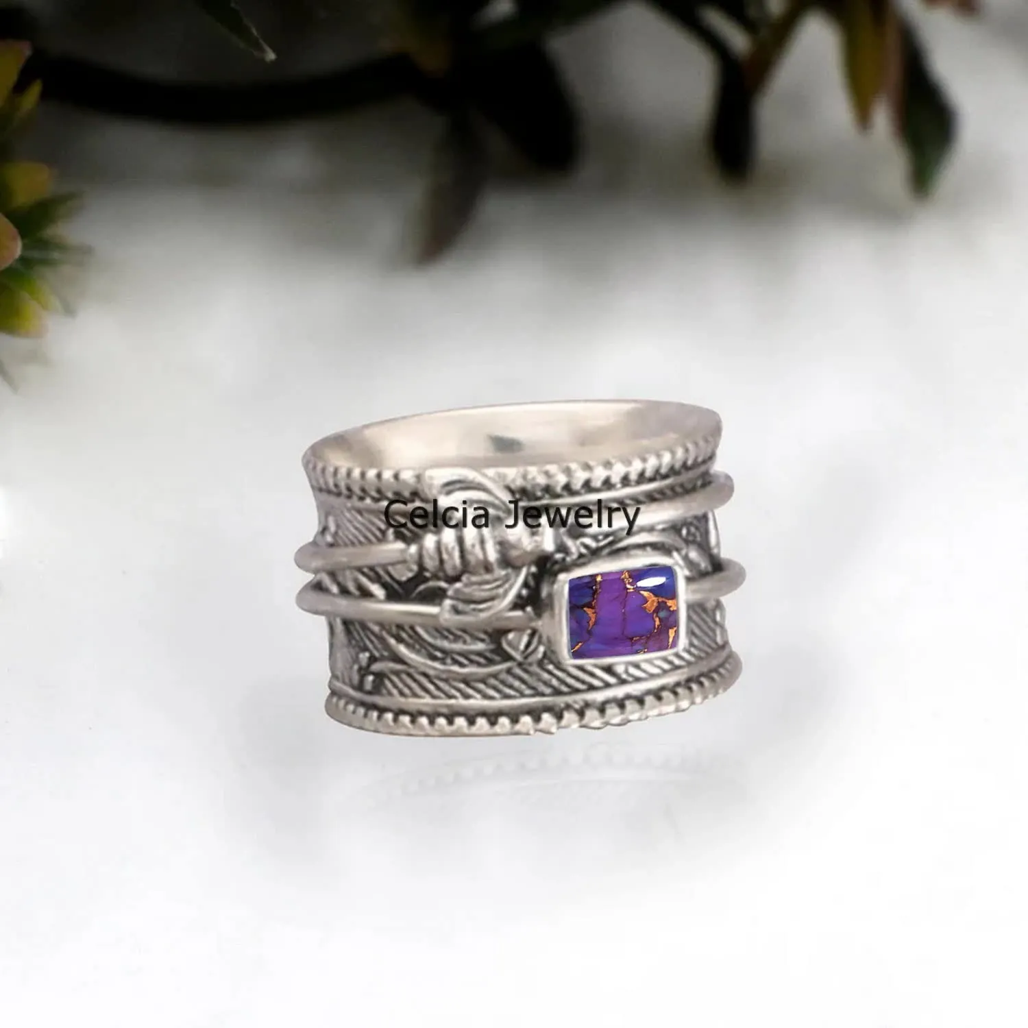 Solid 925 Sterling Silver Honey Bee Spinner Meditation Ring, Natural Purple Copper Turquoise Gemstone Ring, Unique Handcrafted Ring for Women/Men