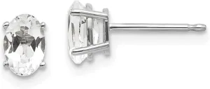 Solid Real 14k White Gold 6x4 Oval April/White Topaz Post Studs Earrings - 6mm x 4mm