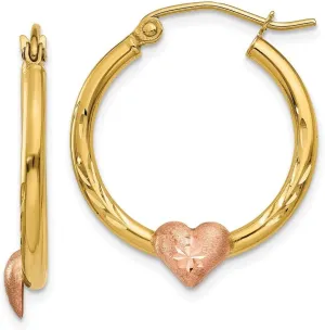 Solid Real 14k Yellow and Rose Gold Heart Hoop Earrings - 23mm x 20mm