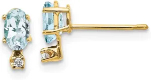 Solid Real 14k Yellow Gold Diamond and Aquamarine Blue March Gemstone Birthstone Studs Earrings - 7mm x 3mm (.016 cttw.)