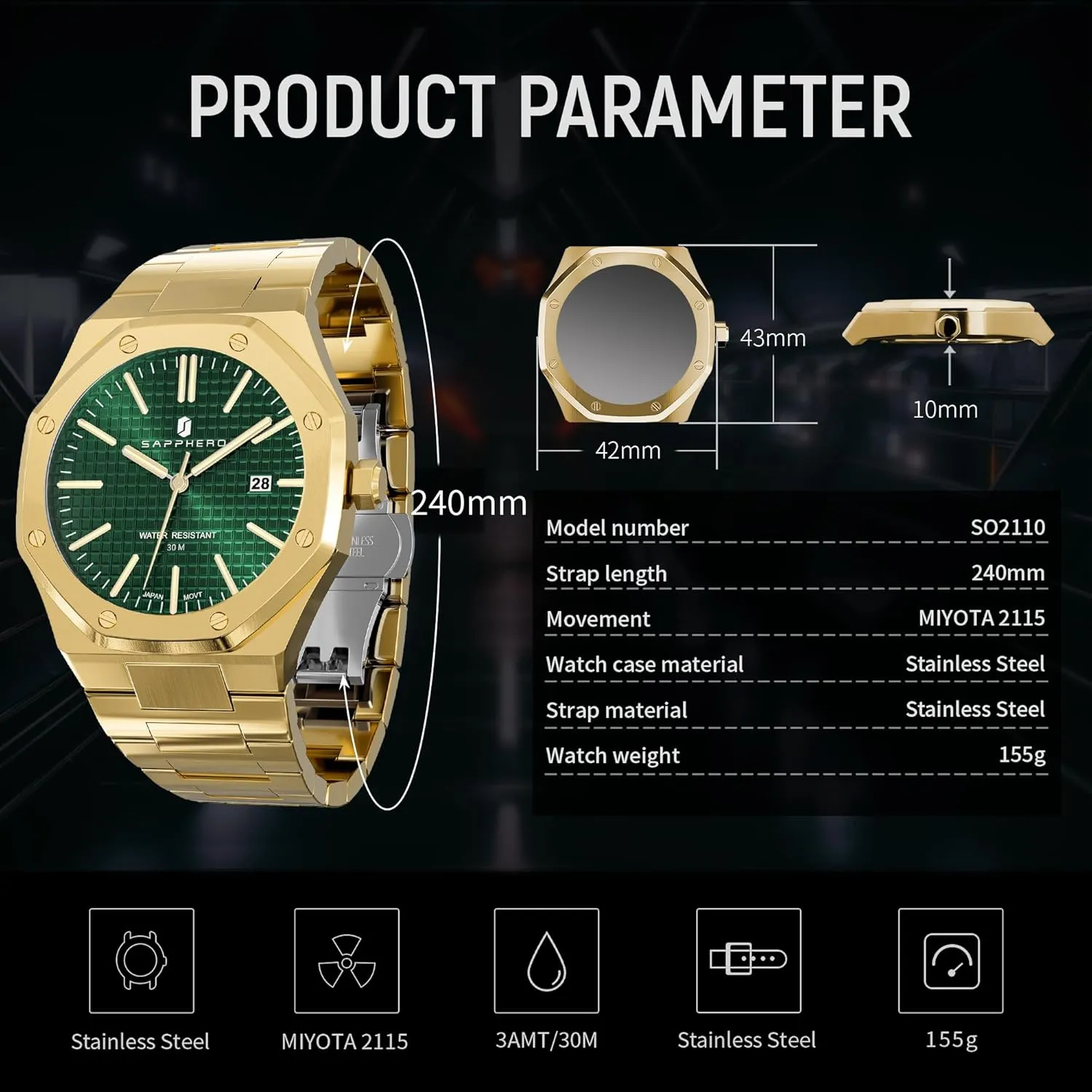 SOPPHERO Mens Watch 30M Waterproof Stainless Steel Watch for Men Date Quartz Fashion Clock Business Wristwatch Gift for Men