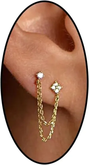 Sparkling Crystal Drop Dangle Piercing Earrings for Women Gold Plated Tassel Chain Double Sided Stud Earrings Minimalist Zirconia Jewelry Gift
