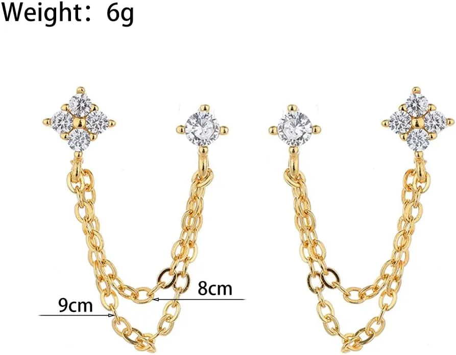 Sparkling Crystal Drop Dangle Piercing Earrings for Women Gold Plated Tassel Chain Double Sided Stud Earrings Minimalist Zirconia Jewelry Gift