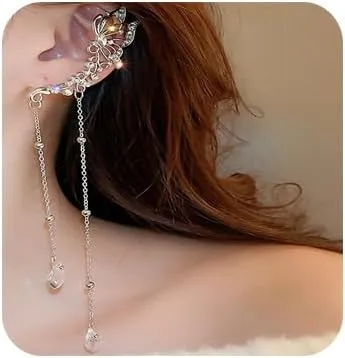 Sparkly Butterfly Crystal Rhinestone Dangle Drop Ear Cuff Long Chain Rhinestone Crystal Chandelier Earring Ear Cuff Butterfly Non-Piercing Fake Earrings for Women