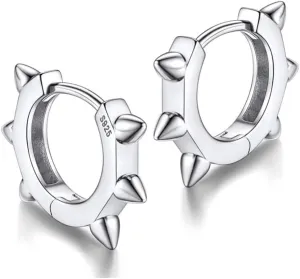 Spike Punk White Gold Rhodium Solid 925 Sterling Silver Small Spiked Thorn Hoop Earrings for Men Women Huggie Hoops Earrings, Nickel-Free, Hypoallergenic Jewelry,