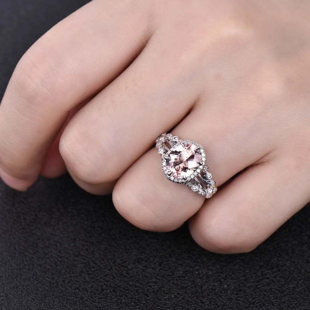 Split Shank Oval Morganite Diamond Halo Engagement Ring Unique