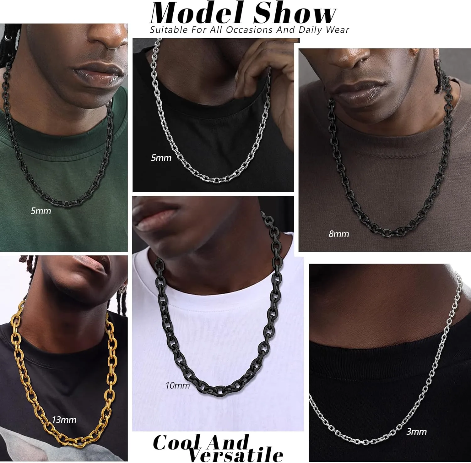 Stainless Steel Cable Chain Necklace for Men Women, Real Gold/Black Plated Mens Chain Rolo Chains, 3/5/8/10/13MM width, 18, 20, 22, 24, 26, 28, 30 Inch Jewelry Gift