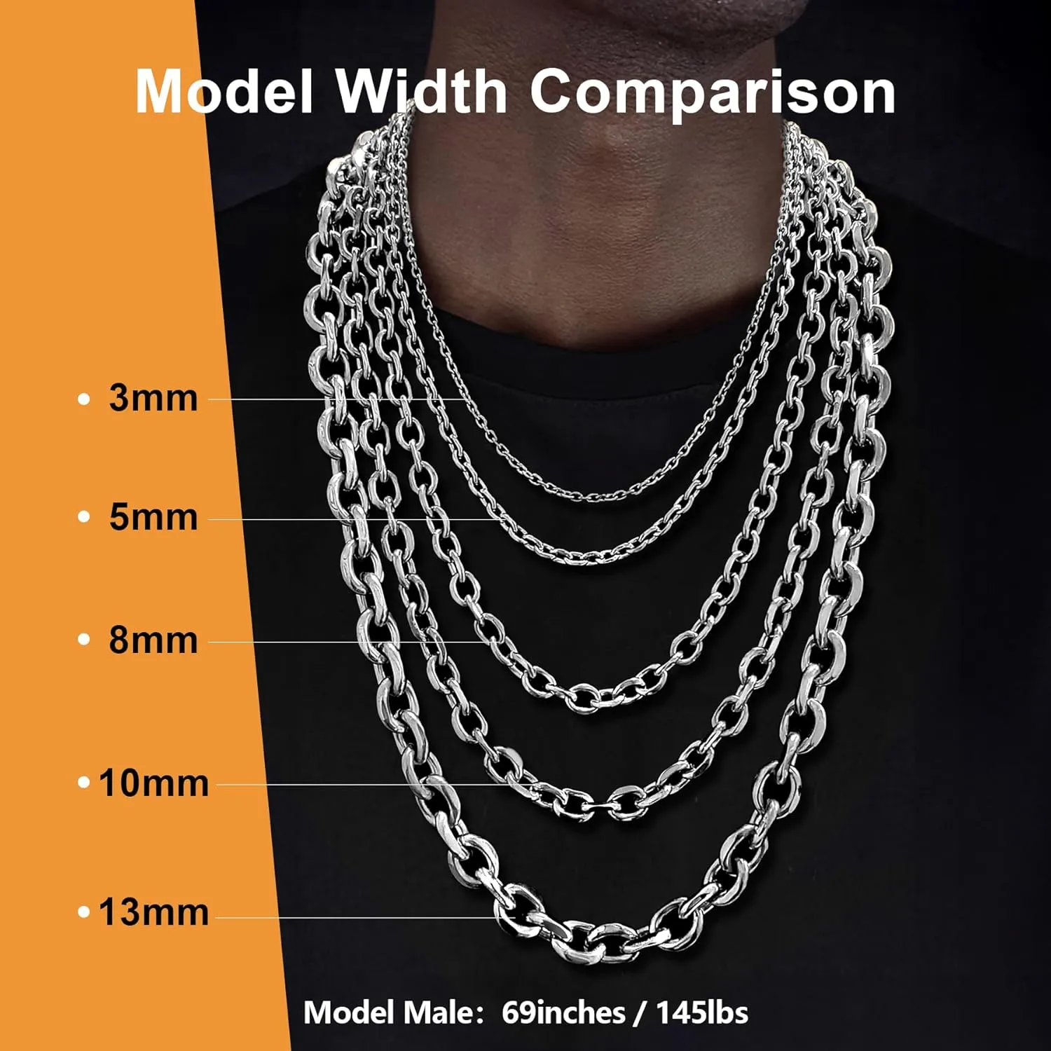 Stainless Steel Cable Chain Necklace for Men Women, Real Gold/Black Plated Mens Chain Rolo Chains, 3/5/8/10/13MM width, 18, 20, 22, 24, 26, 28, 30 Inch Jewelry Gift