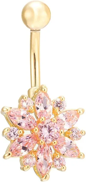 Stainless Steel Navel Ring, CZ Dangle Navel Rings for Women Flower Gold Pink Navel Rings