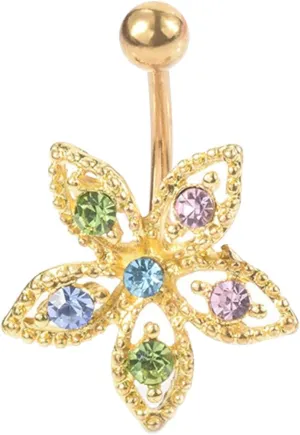 Stainless Steel Navel Ring, CZ Dangle Navel Rings for Women Gold Flower Pendant Gold Belly Rings