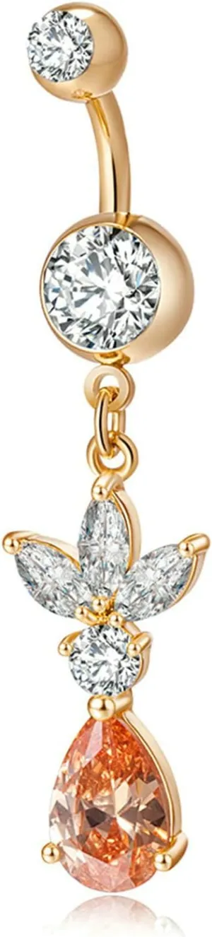 Stainless Steel Navel Ring, CZ Women Navel Rings Teardrop And Leaf Shape Gold Belly Rings