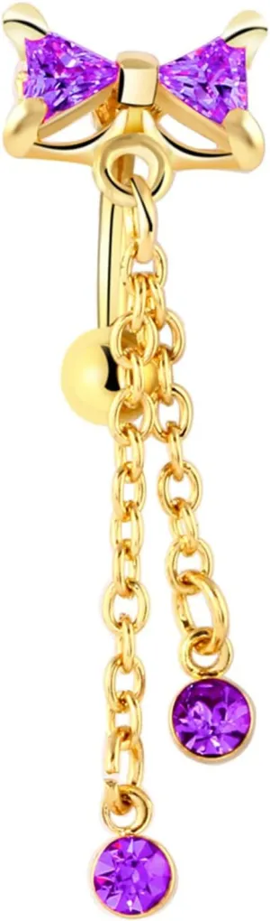 Stainless Steel Navel Rings for Women, CZ Top Navel Rings for Women Bowknot And Chain Pendant Purple Navel Rings
