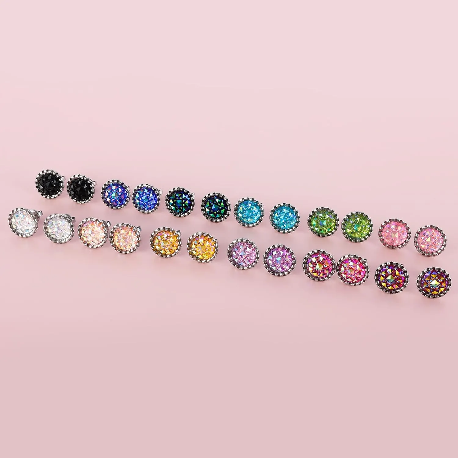 Stainless Steel Round Druzy Multi Colored Stud Earring Set for Men Women Gold Plated Surgical Steel Faux Druzy Stud Earrings 12 Pairs