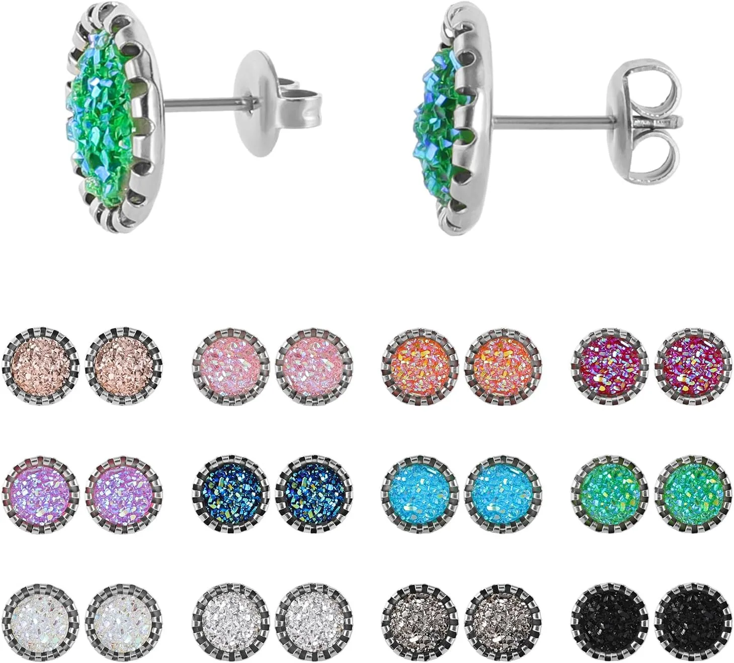 Stainless Steel Round Druzy Multi Colored Stud Earring Set for Men Women Gold Plated Surgical Steel Faux Druzy Stud Earrings 12 Pairs