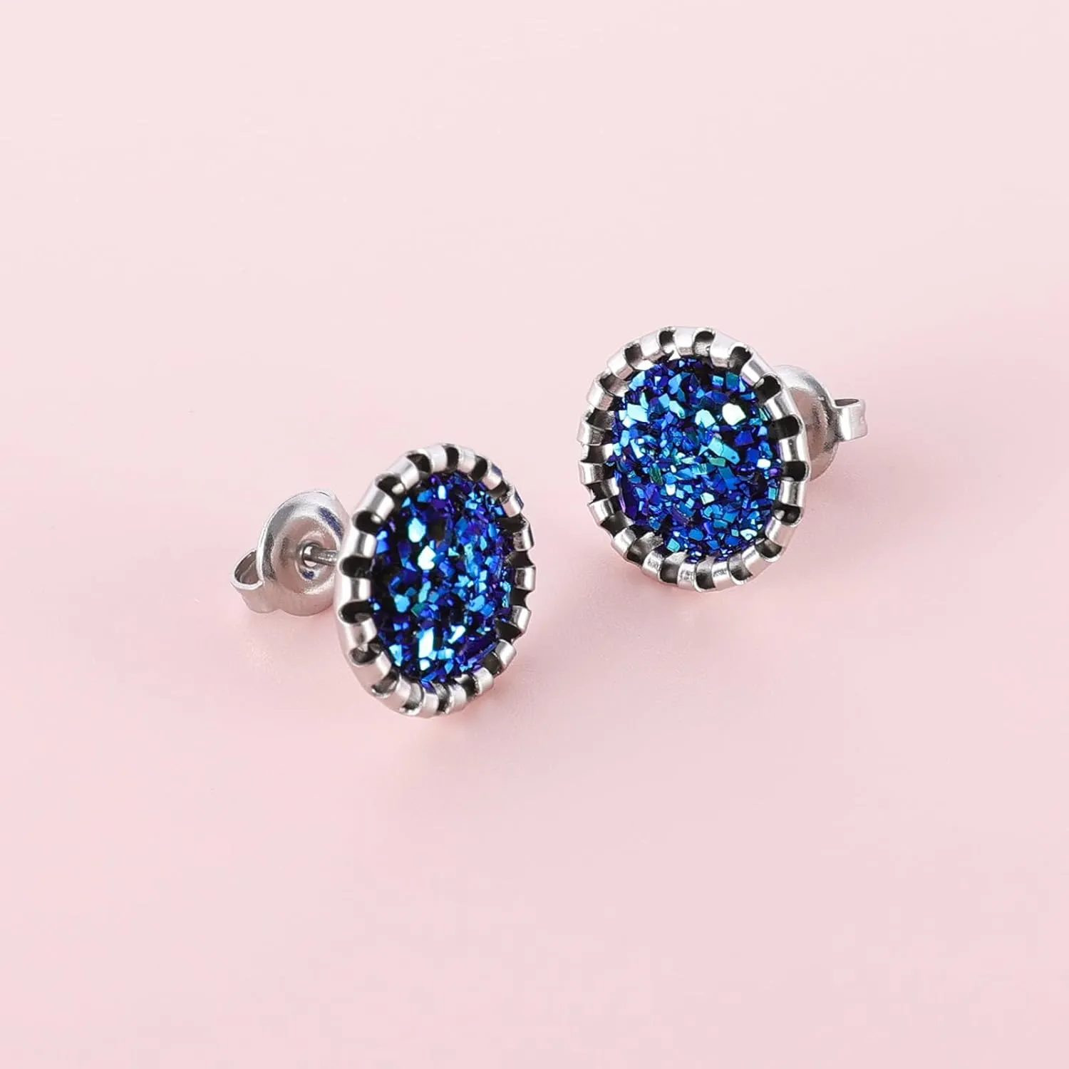 Stainless Steel Round Druzy Multi Colored Stud Earring Set for Men Women Gold Plated Surgical Steel Faux Druzy Stud Earrings 12 Pairs