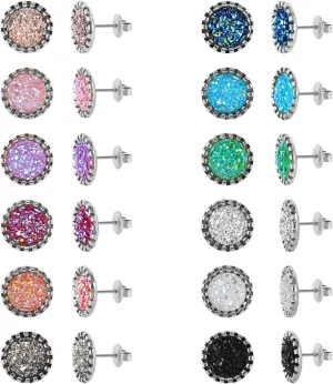 Stainless Steel Round Druzy Multi Colored Stud Earring Set for Men Women Gold Plated Surgical Steel Faux Druzy Stud Earrings 12 Pairs