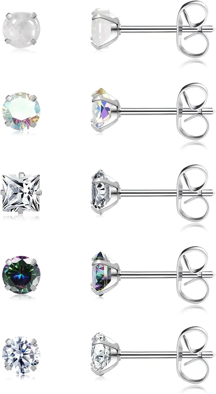 Stainless Steel Stud Earrings for Women Extra Long Post Earrings Cubic Zirconia Moonstone Hypoallergenic Earrings Studs for Sensitive Ears