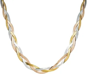 Stainless Steel Tricolor Choker Necklace Tri Braided Herringbone Chain Necklace for Women